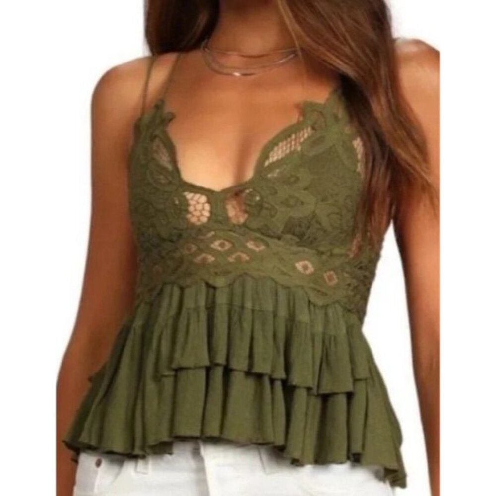 Free People Olive Green Cami Tank Top Sparrow Green Ruffle Womens Size XS NWT - Picture 3 of 7
